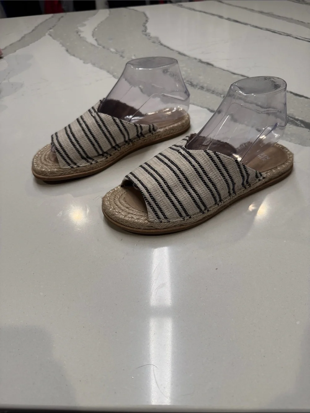 Eileen Fisher Black and Cream Striped Espadrille Slide Sandals